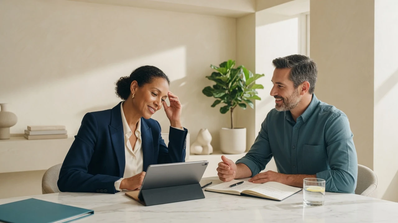 Consultant and business owner discussing a practical next step