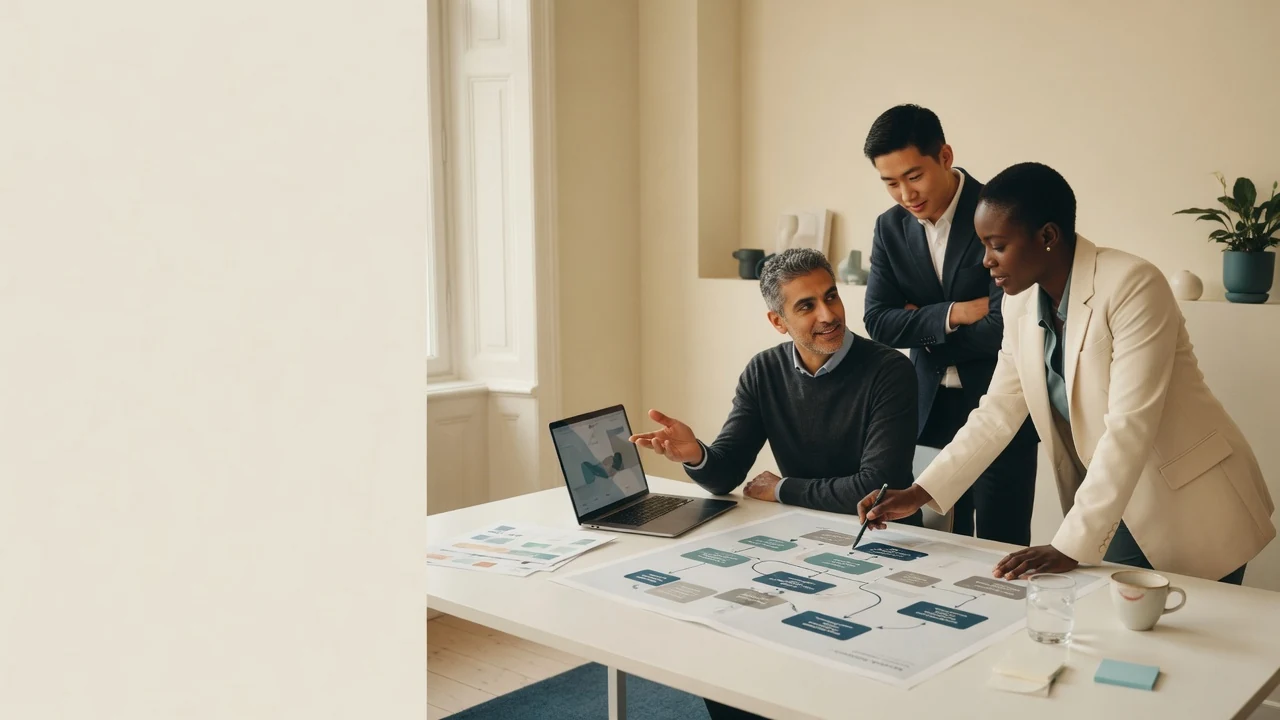 Business team mapping a practical workflow together